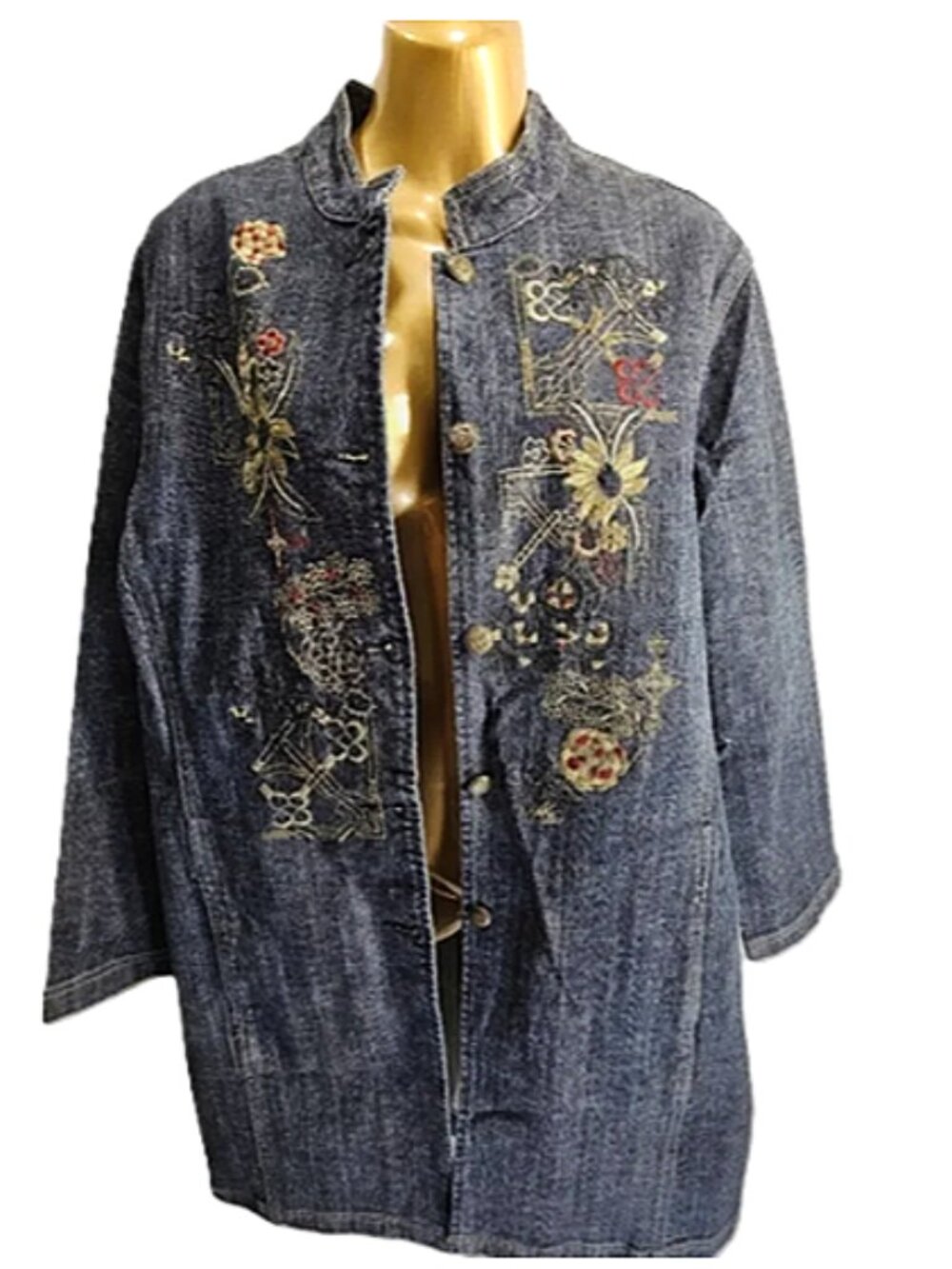 Chico's Platinum Denim Embroidered Duster Coat size 2